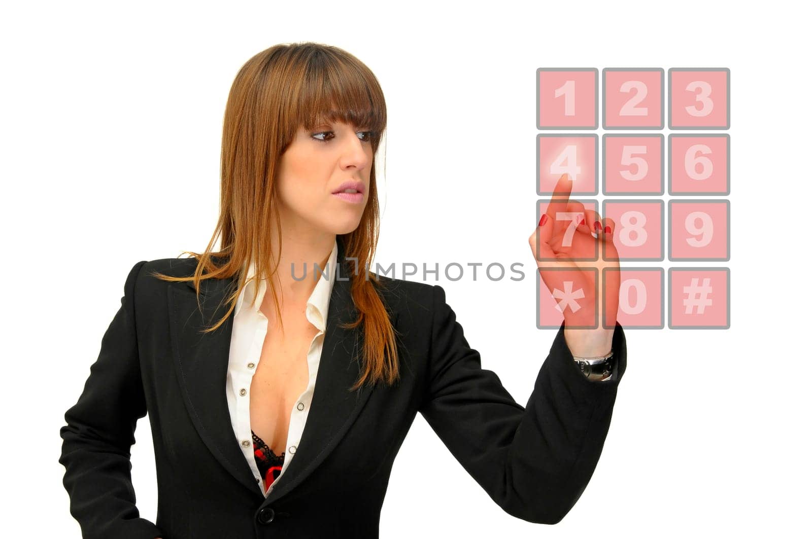 Business woman dialing isolated in white