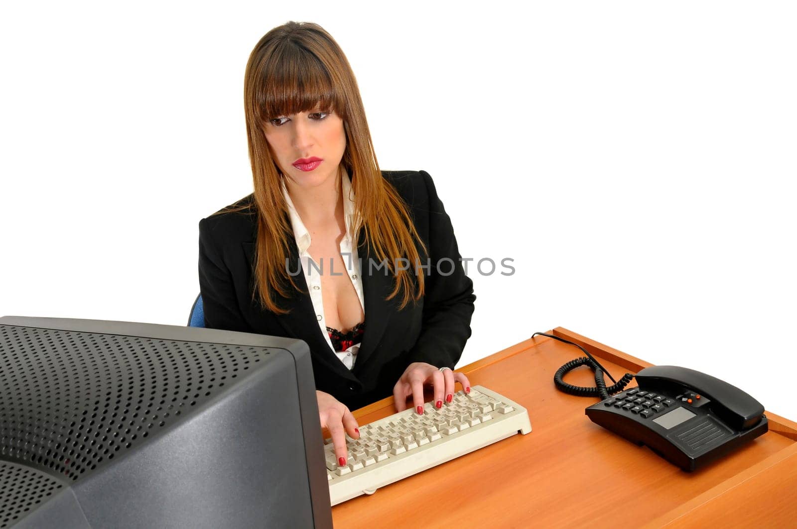Business woman with phone isolated in white