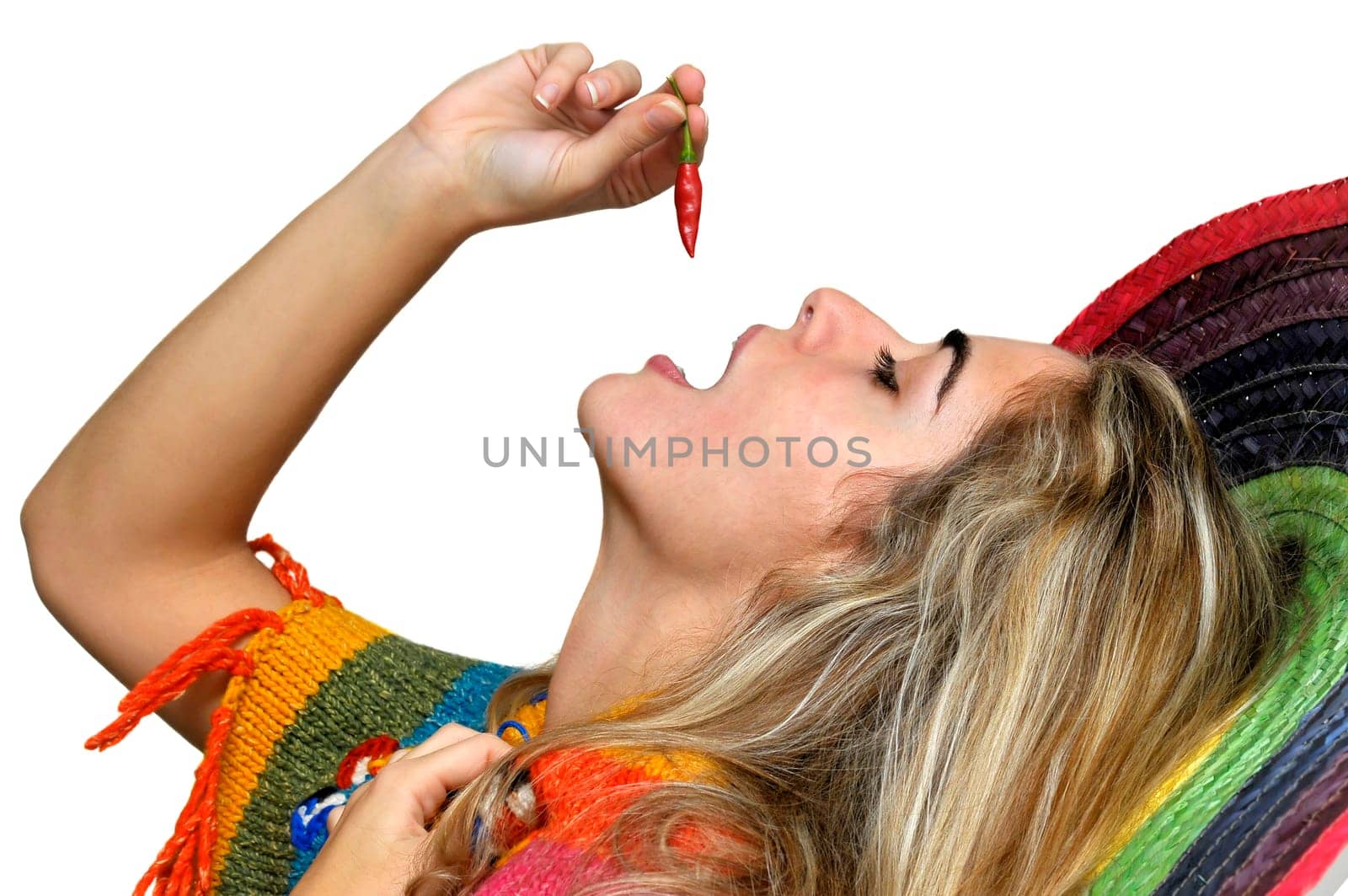 Sexy girl with a big sombrero isolated in white