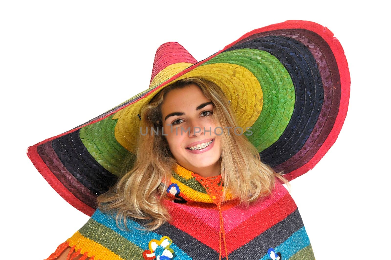 Sexy girl with a big sombrero isolated in white