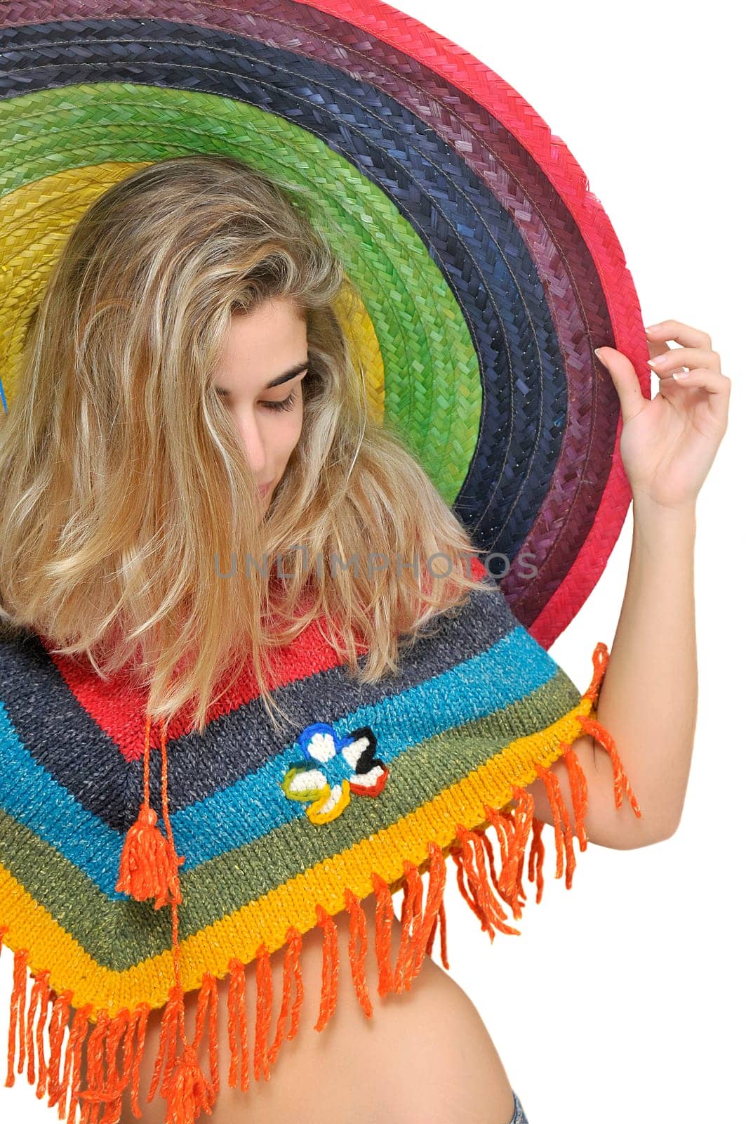 Sexy girl with a big sombrero isolated in white