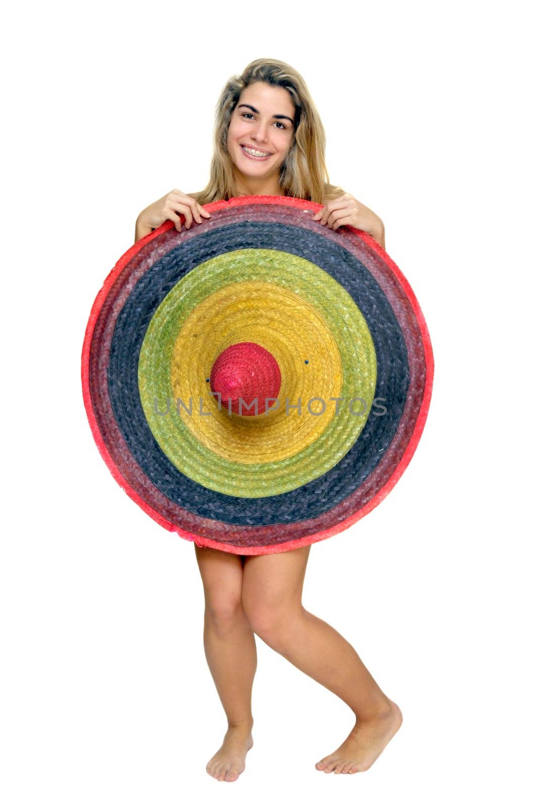 Sexy girl with a big sombrero isolated in white