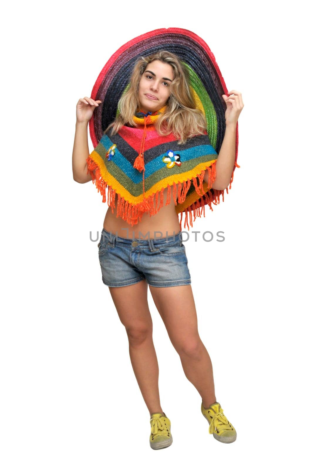 Sexy girl with a big sombrero isolated in white