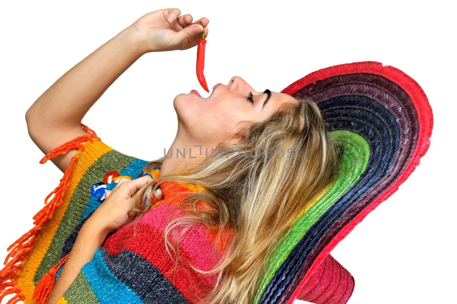 Sexy girl with a big sombrero isolated in white