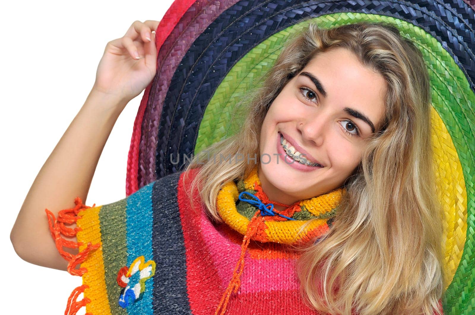 Sexy girl with a big sombrero isolated in white