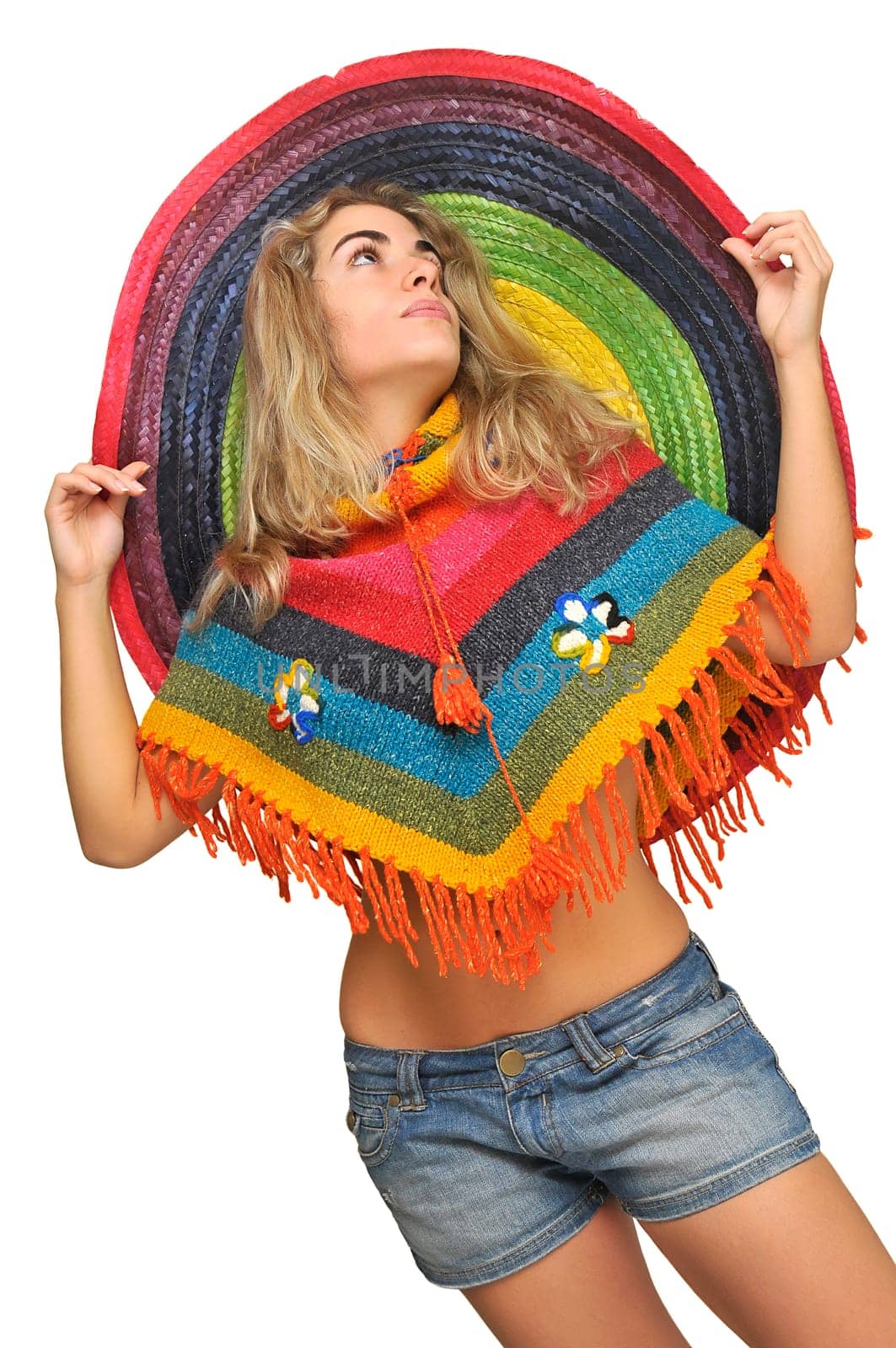 Sexy girl with a big sombrero isolated in white