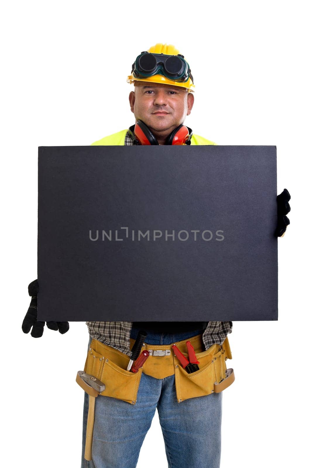 Plump construction worker with black board isolated in white