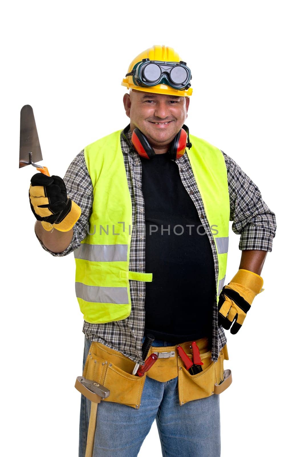 Plump construction worker isolated in white