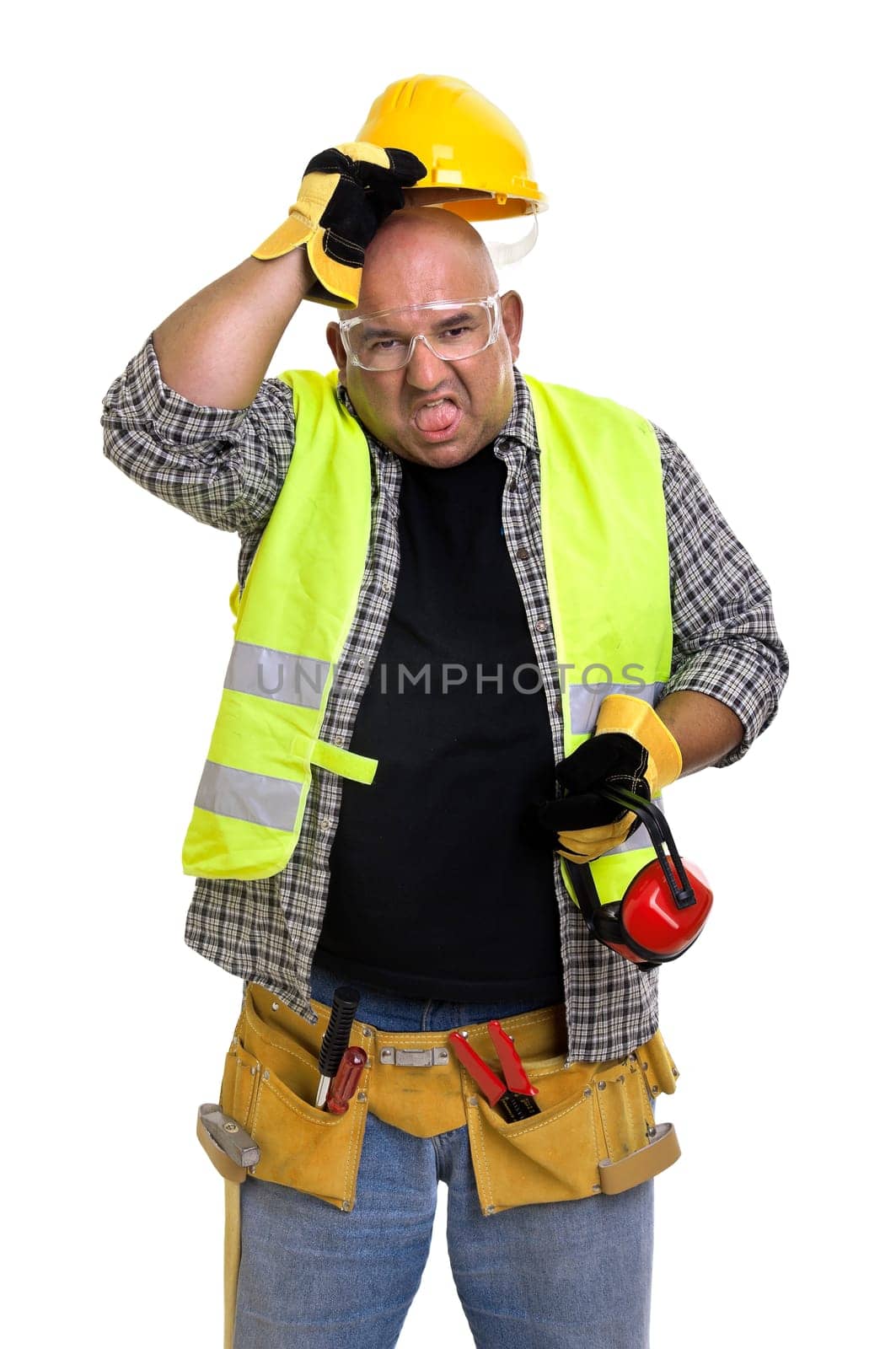 Plump construction worker isolated in white