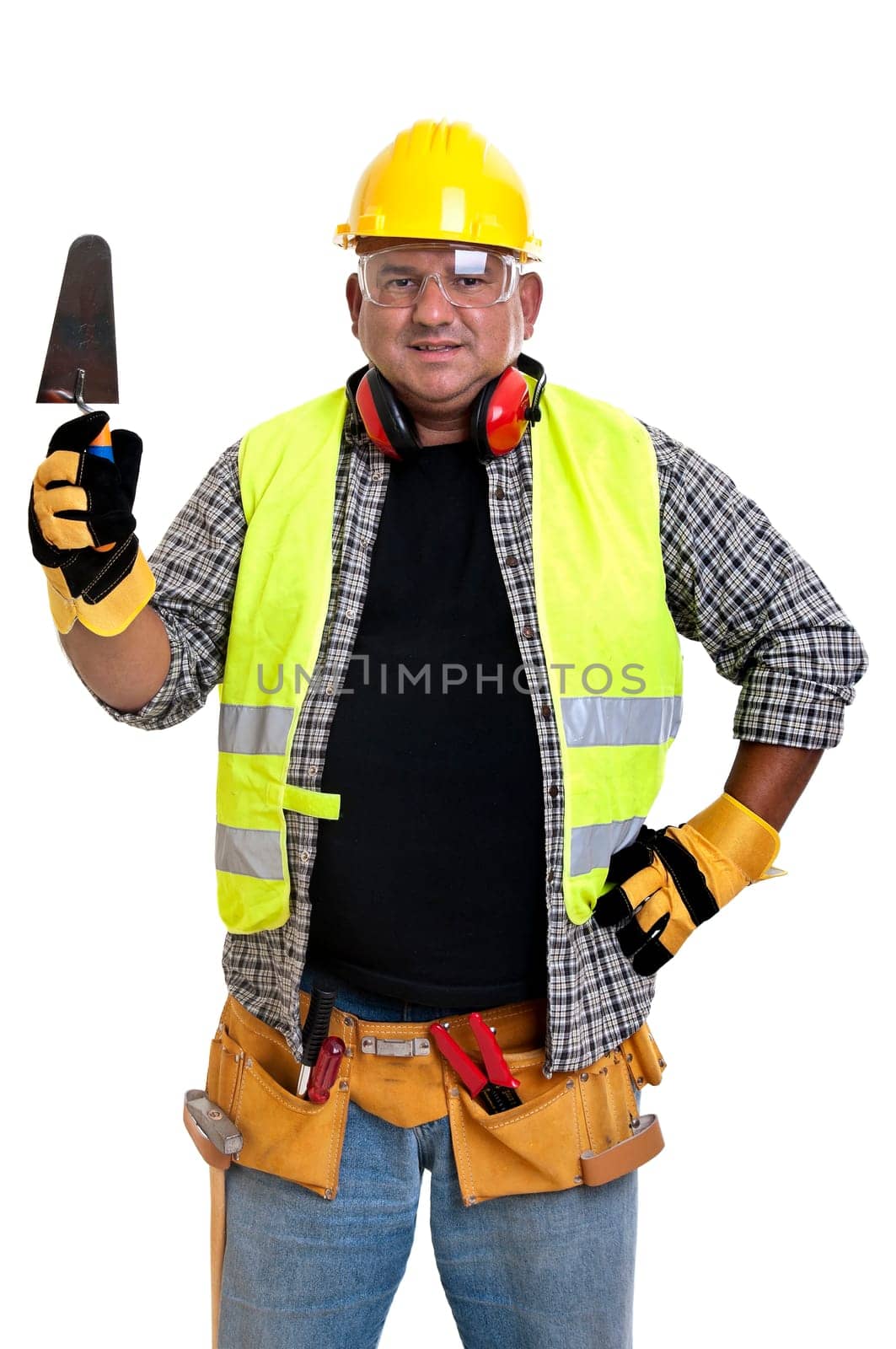 Plump construction worker isolated in white
