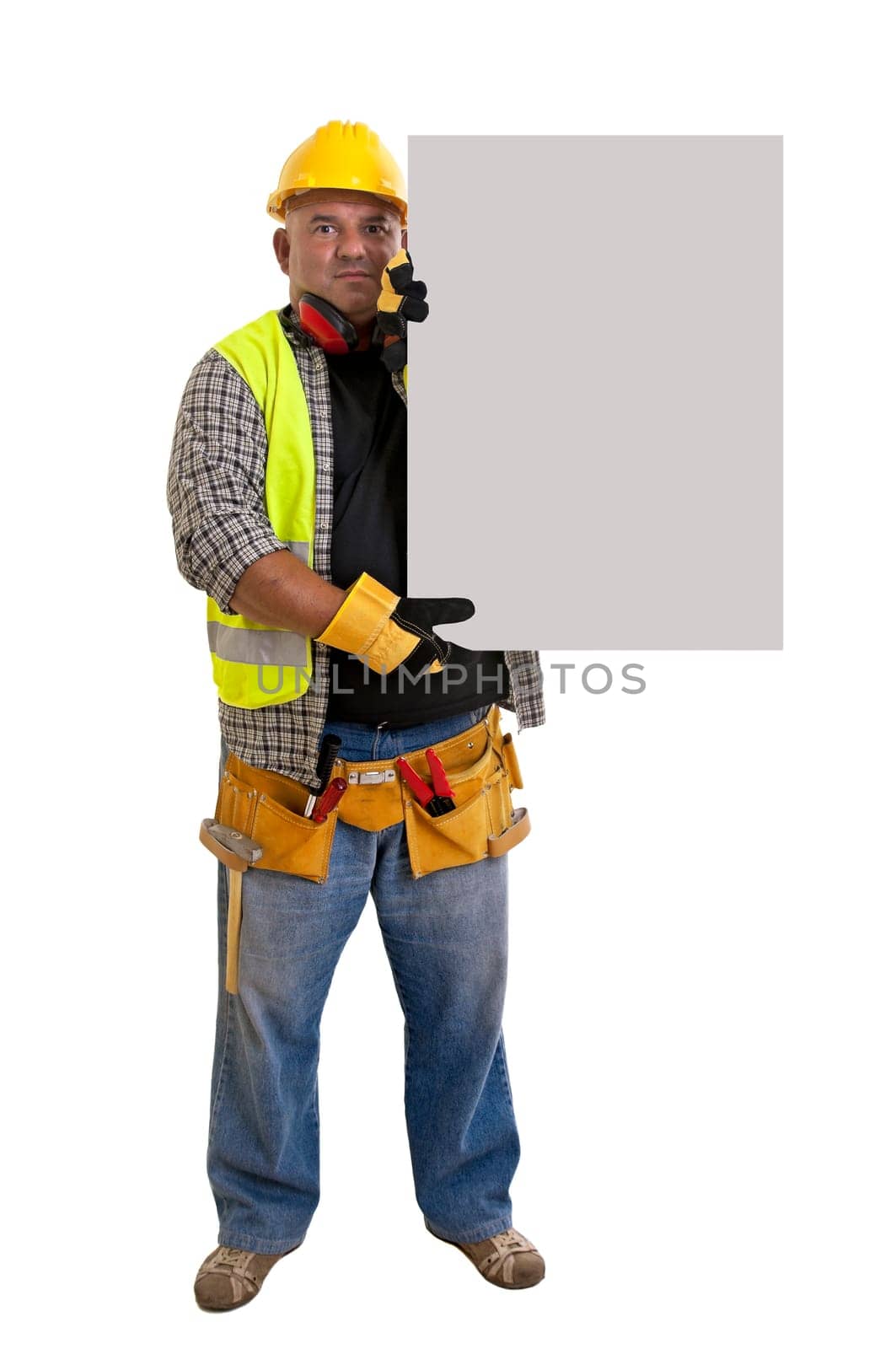 Plump construction worker holding a light board isolated in white