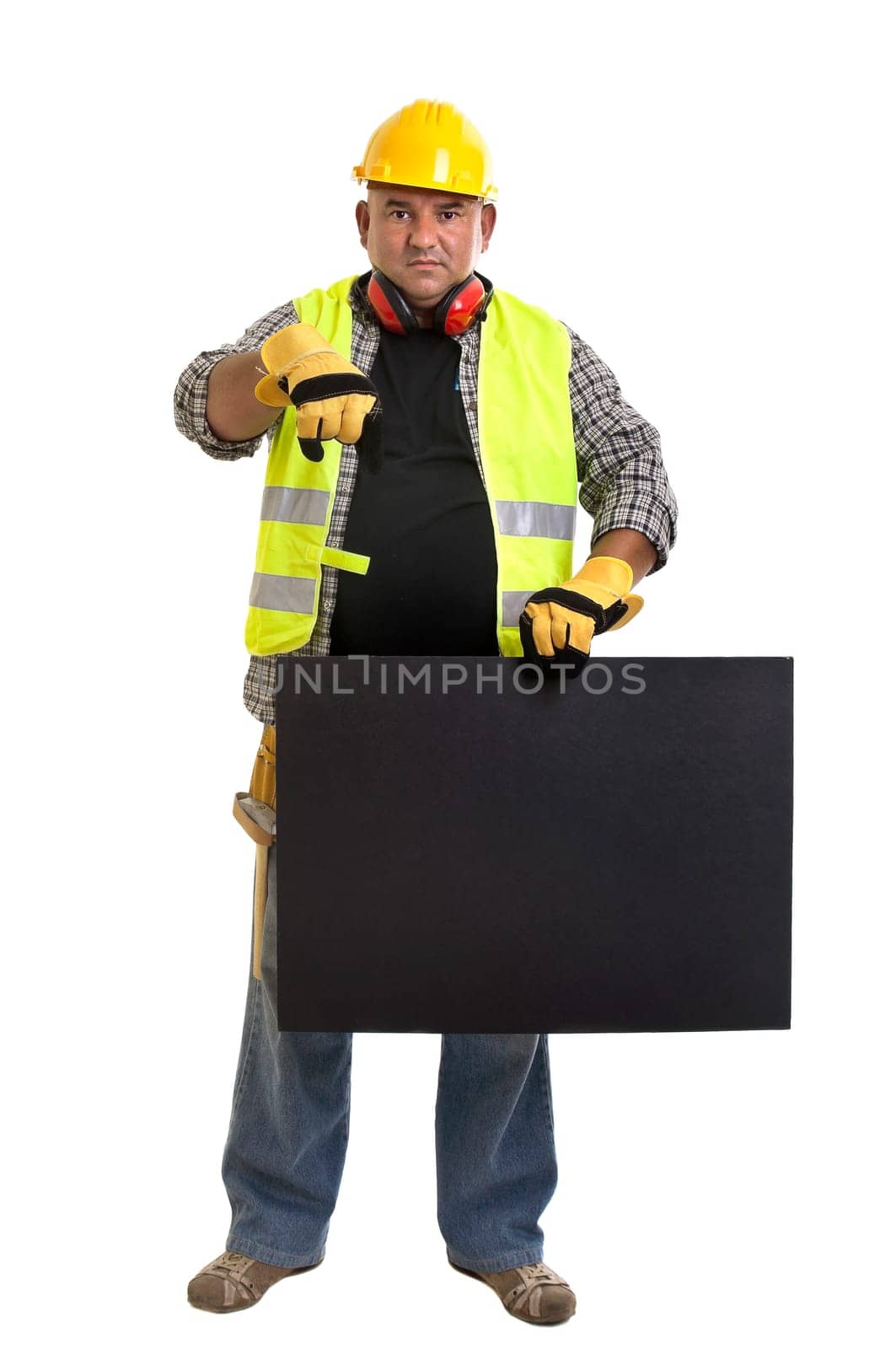 Plump construction worker with black board isolated in white