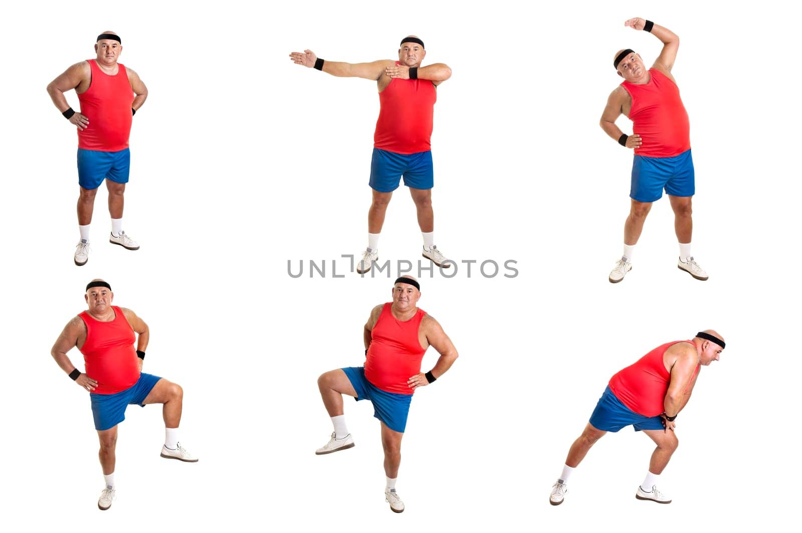 Large fitness man doing different exercices isolated in white