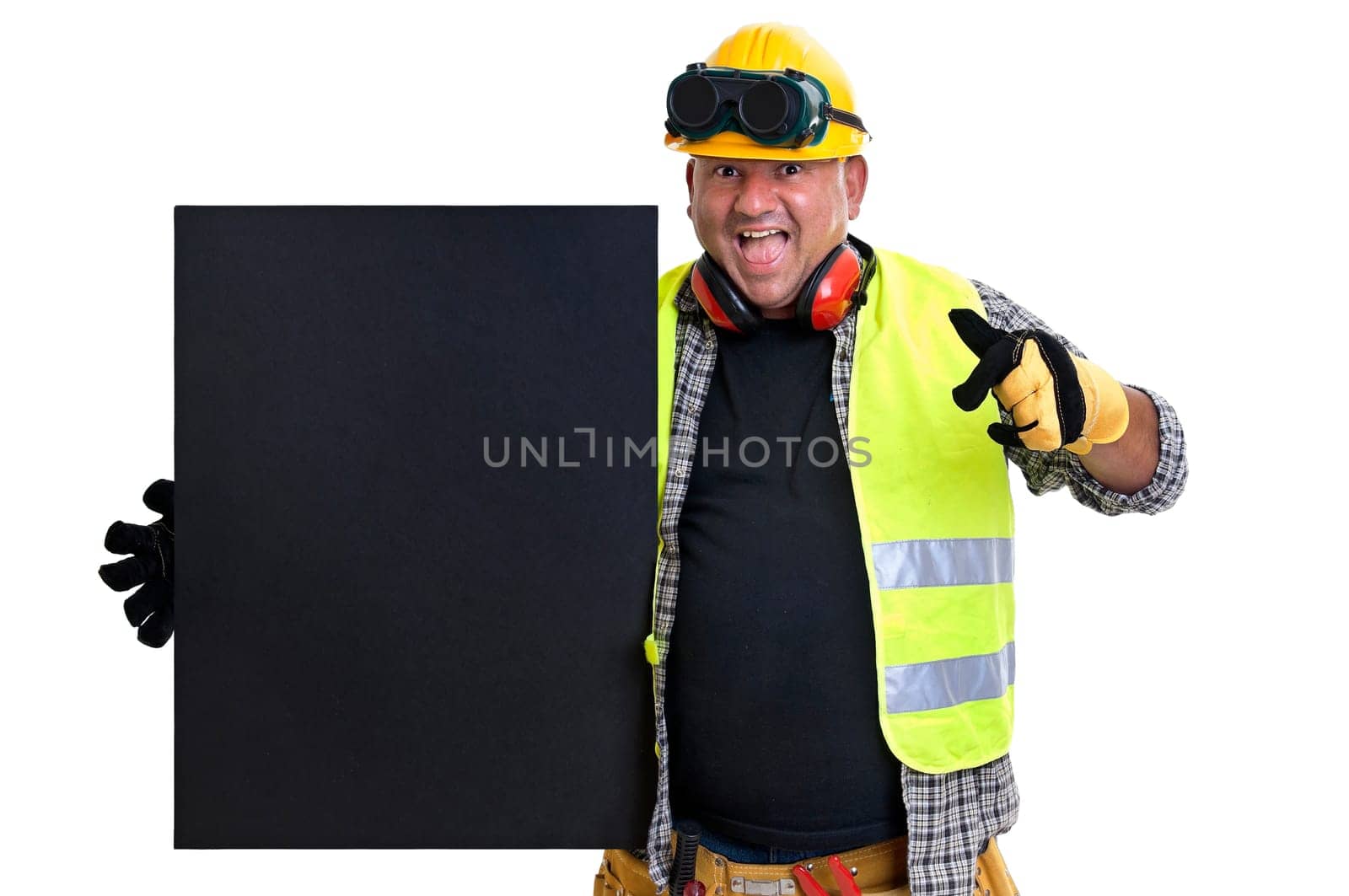 Plump construction worker with black board isolated in white