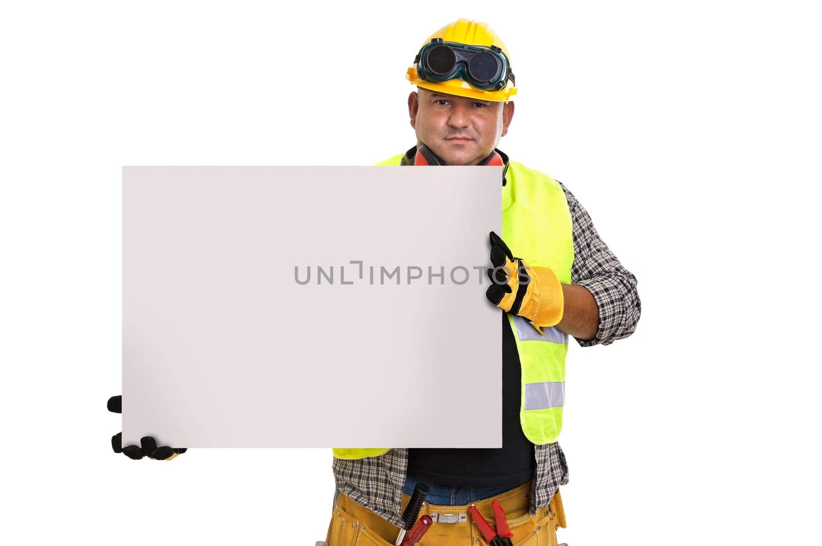 Plump construction worker holding a light board isolated in white