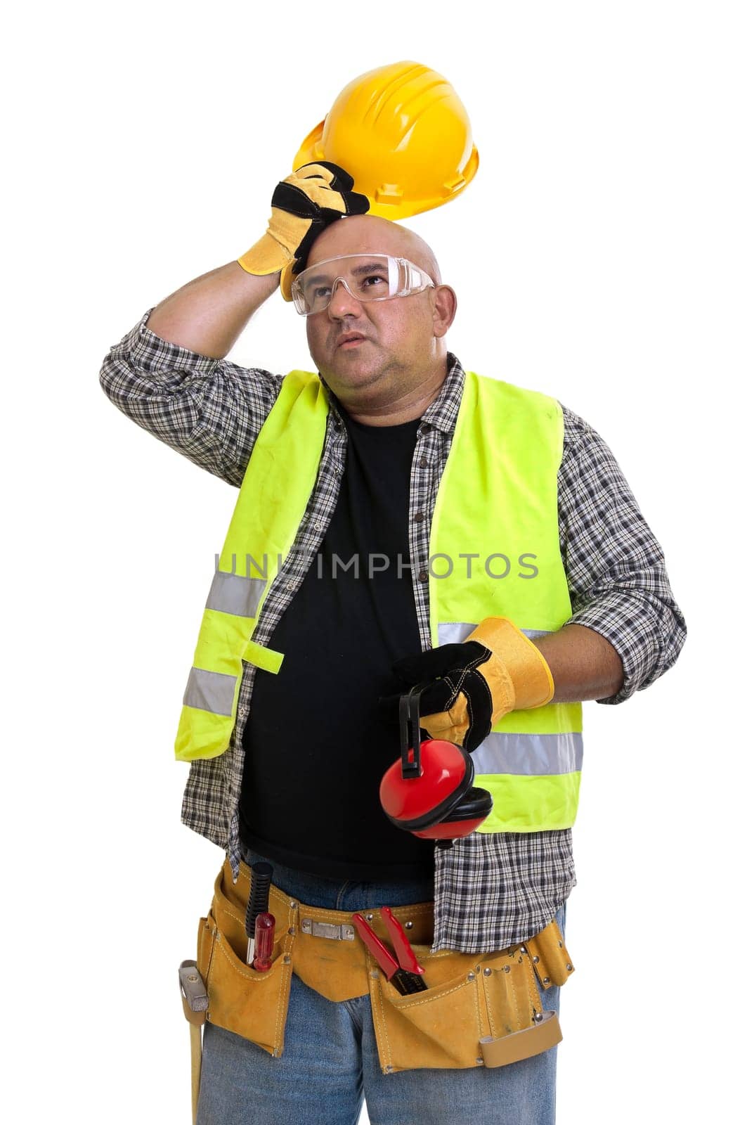 Plump construction worker isolated in white