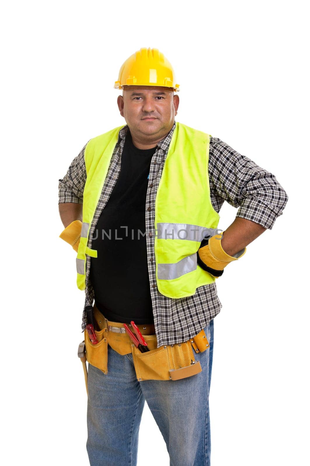 Plump construction worker isolated in white
