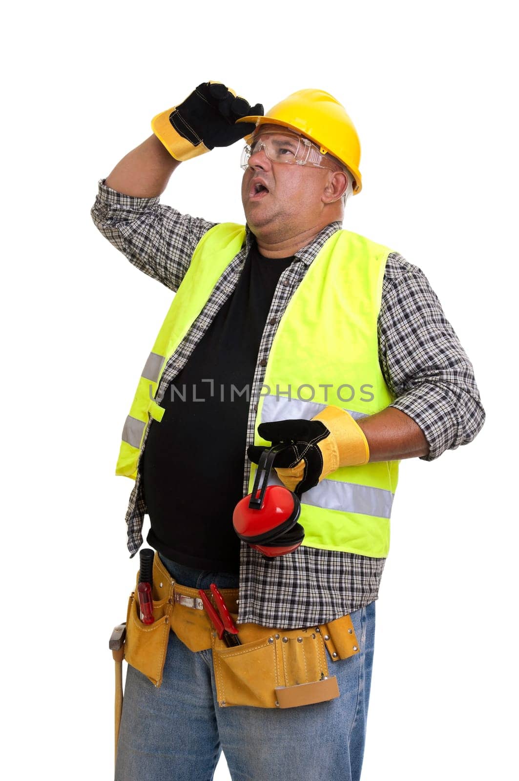 Plump construction worker isolated in white