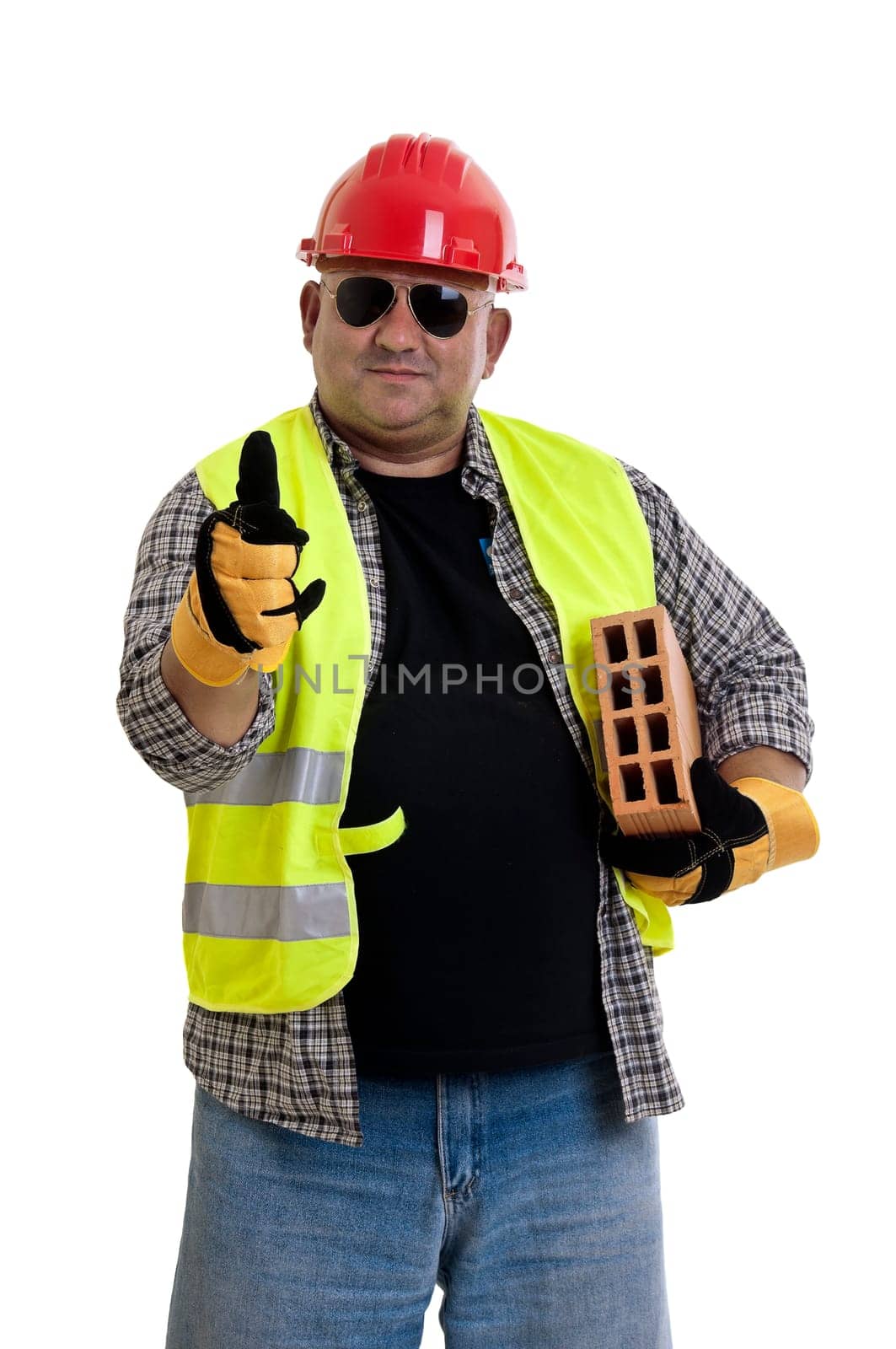 Plump construction worker isolated in white