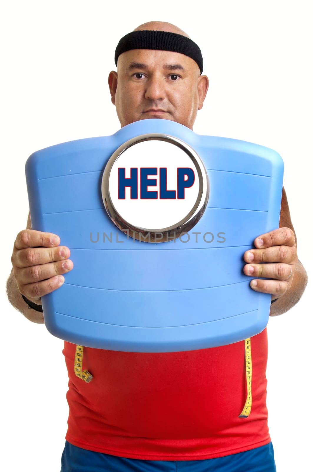 Large fitness man with weight scale isolated in white