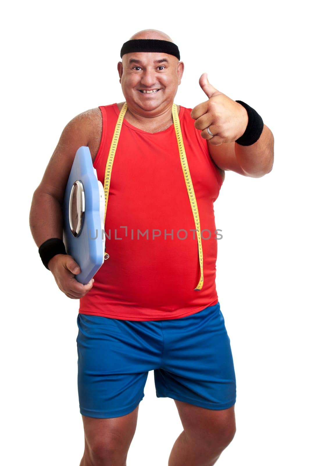 Large fitness man with weight scale isolated in white
