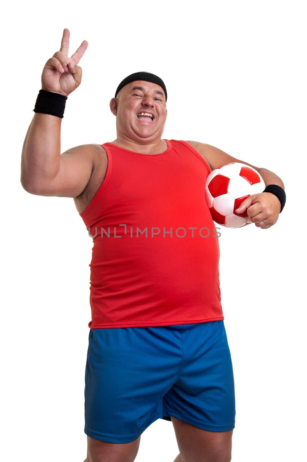 Large man with soccer ball isolated in white
