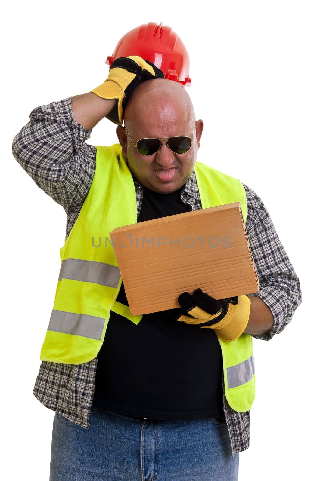 Plump construction worker isolated in white