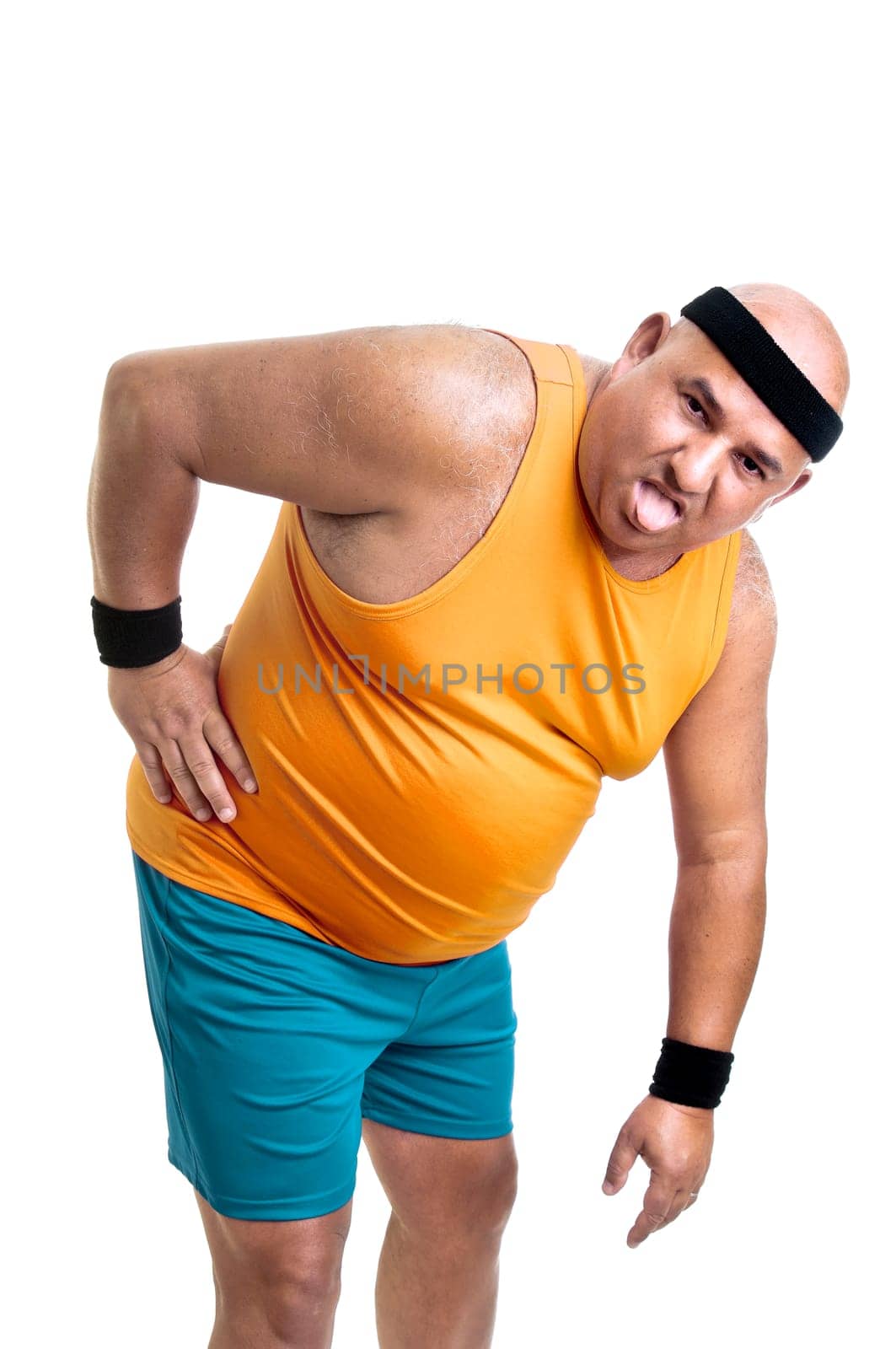 Large and tired fitness man with back pain isolated in white