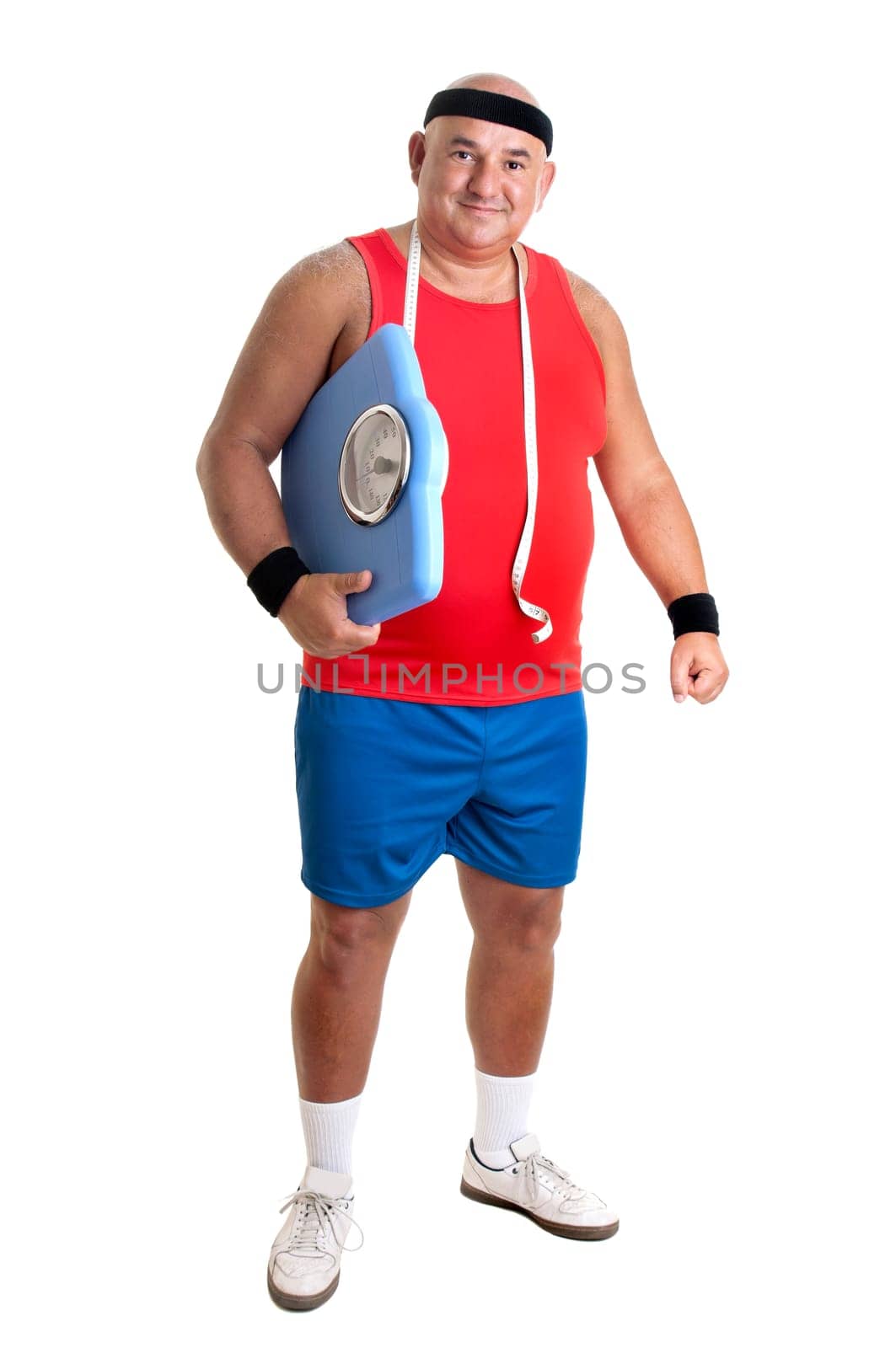 Large fitness man with weight scale isolated in white