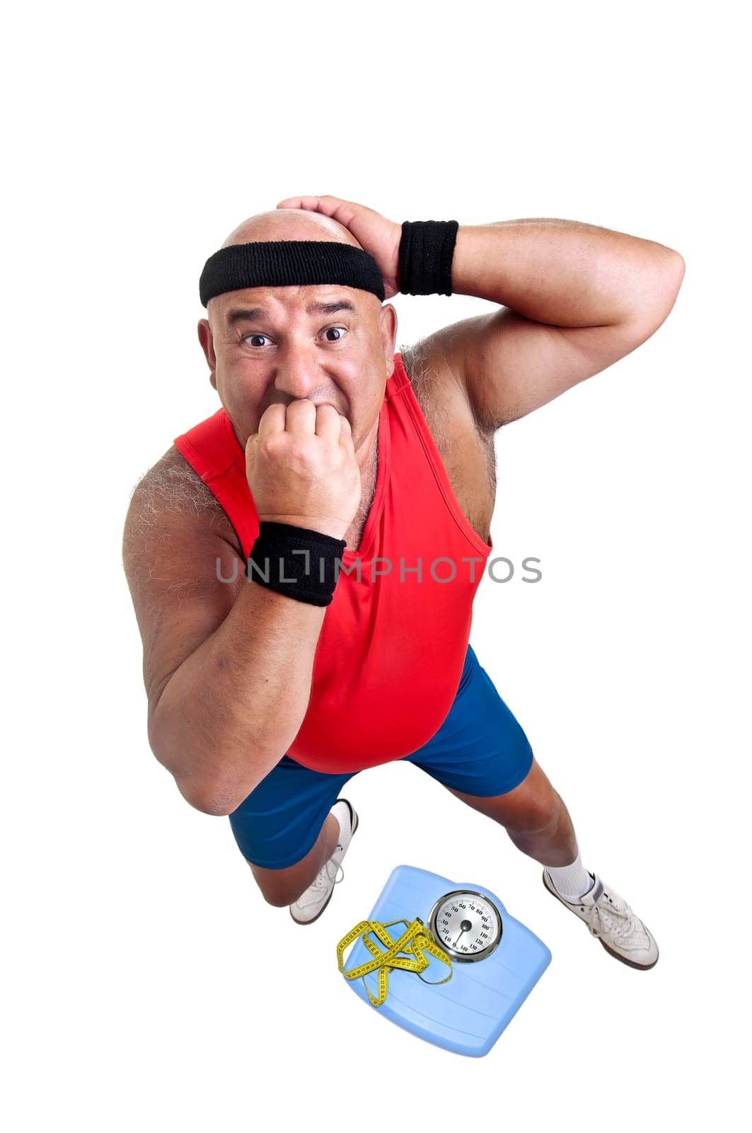 Large fitness man with weight scale isolated in white