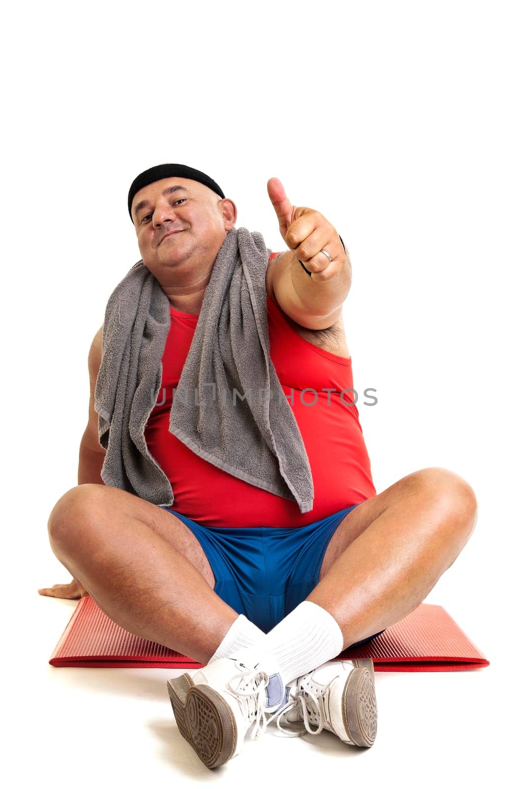 Large fitness man working out isolated in white