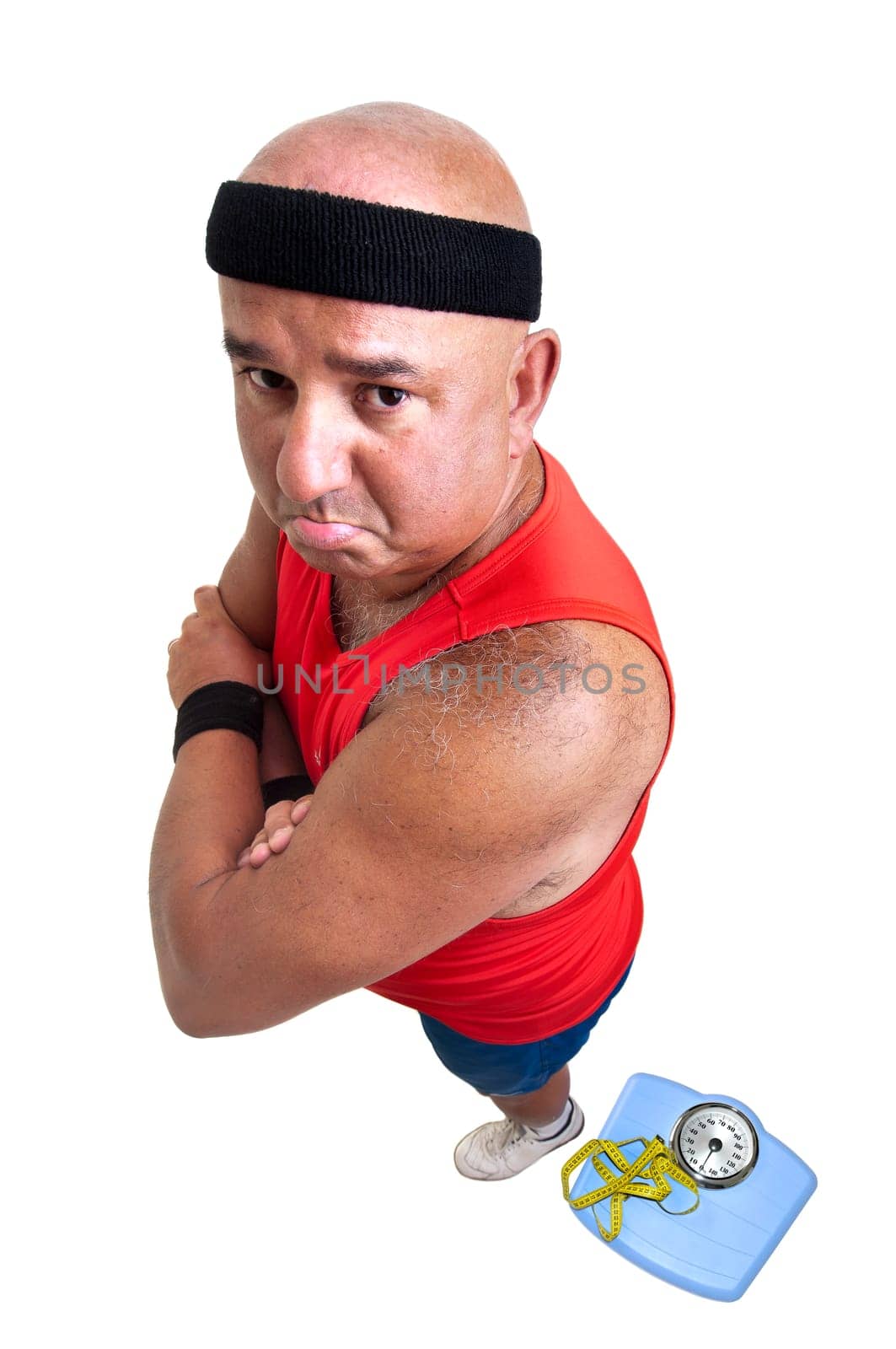Large fitness man with weight scale isolated in white