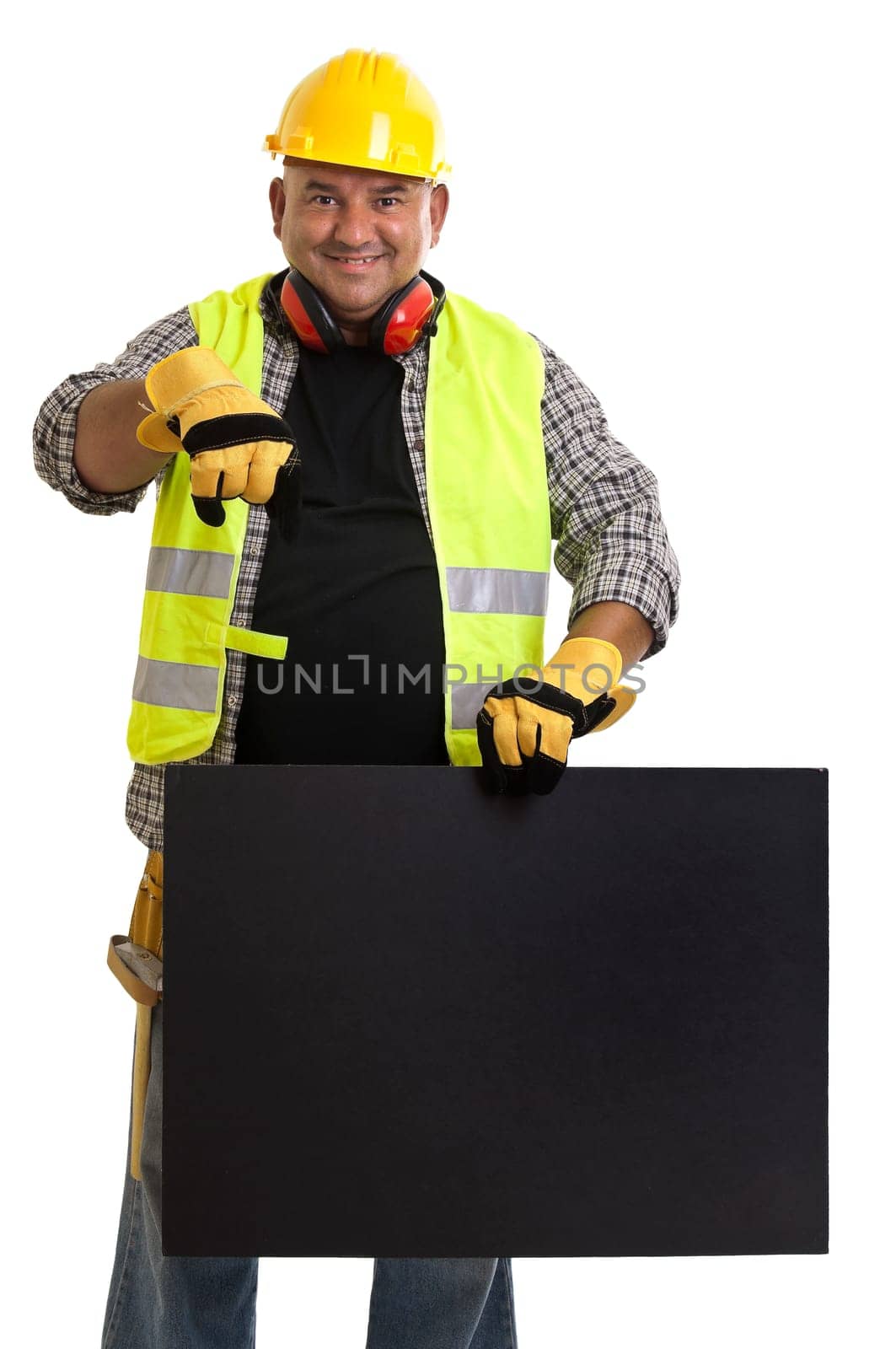 Plump construction worker with black board isolated in white