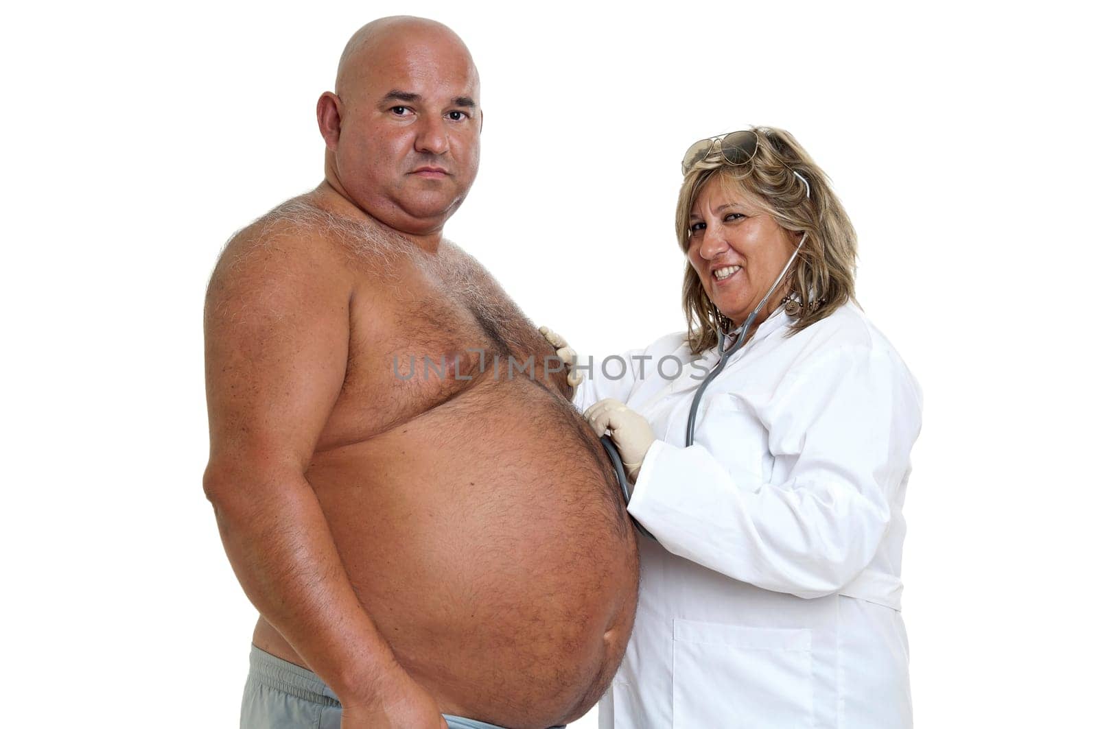 Large male patient with big belly and doctor