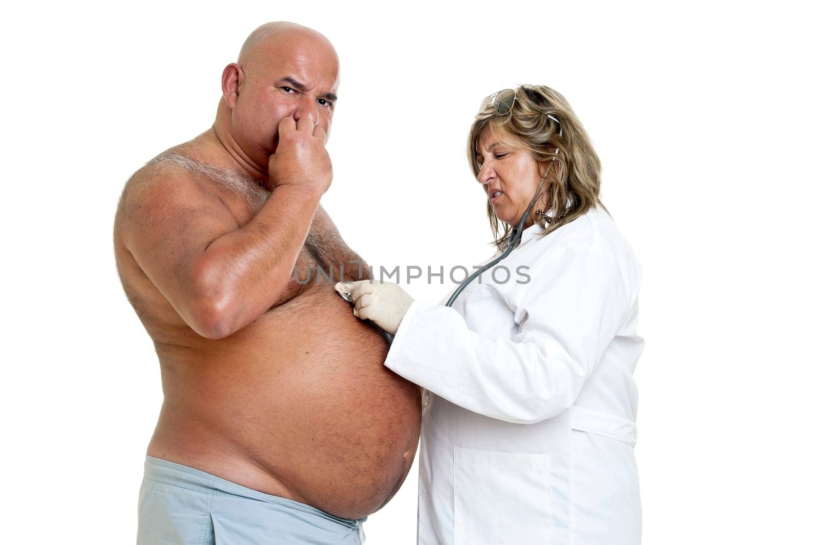 Large male patient with big belly and doctor