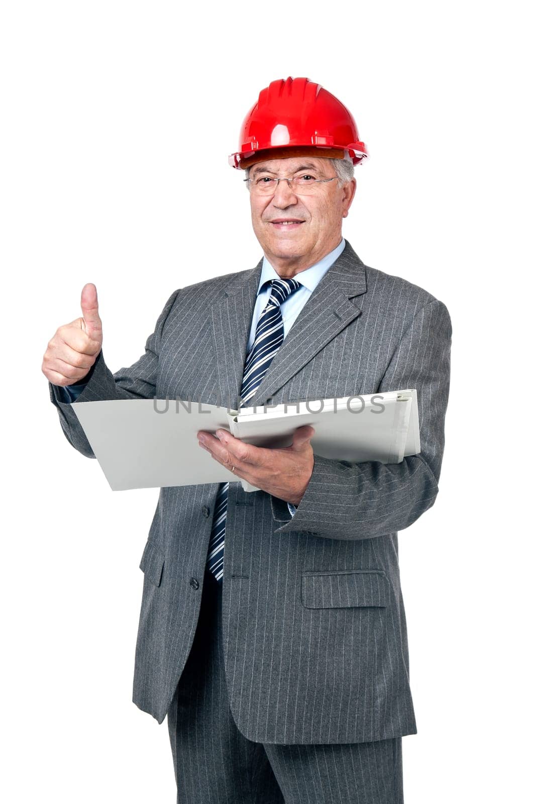 Senior engineer with helmet and file isolated in white