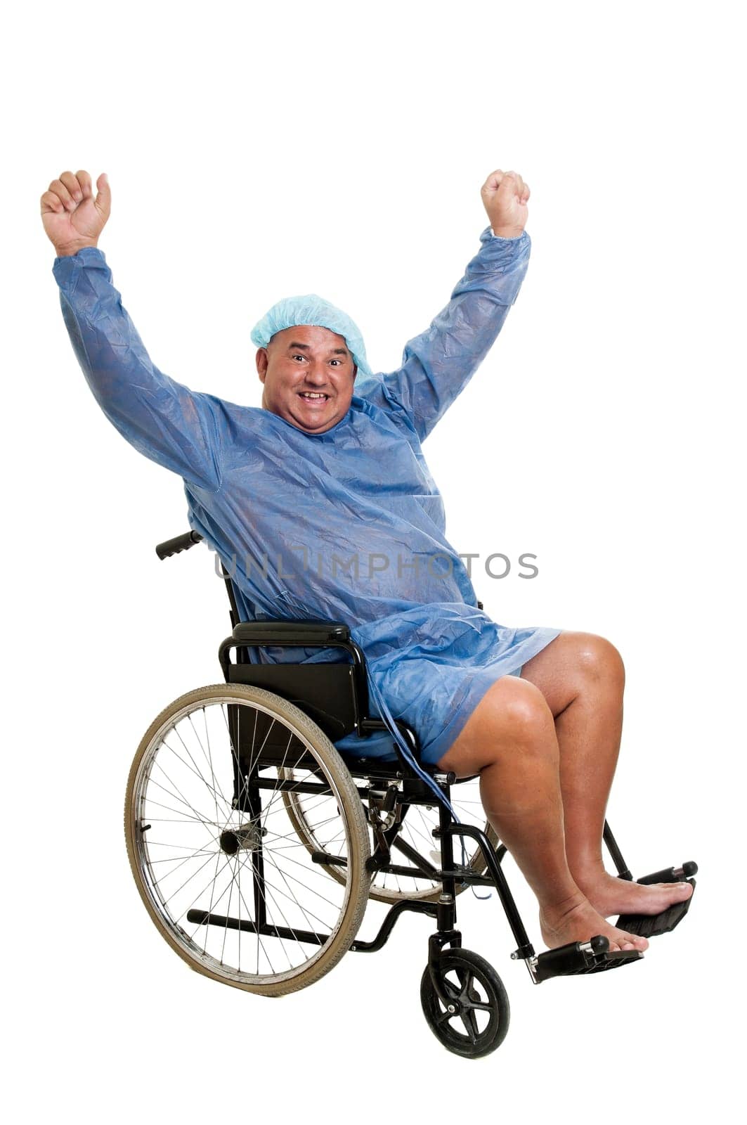 Happy large patient in a wheelchair