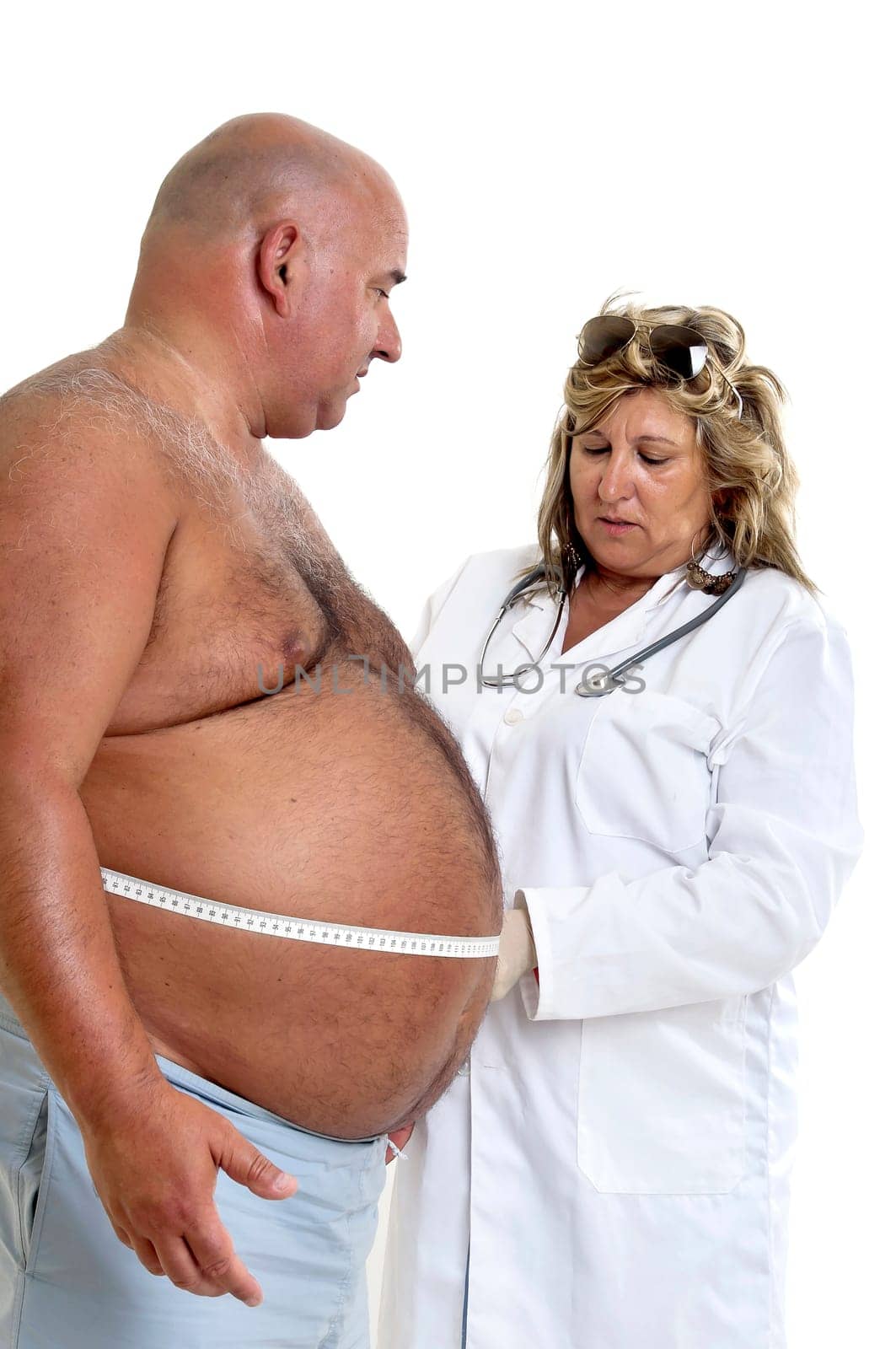 Large male patient with big belly and doctor