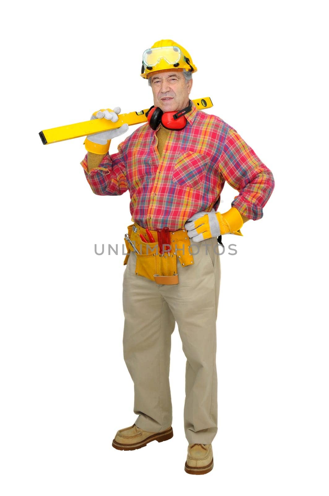 Mature construction worker isolated in white