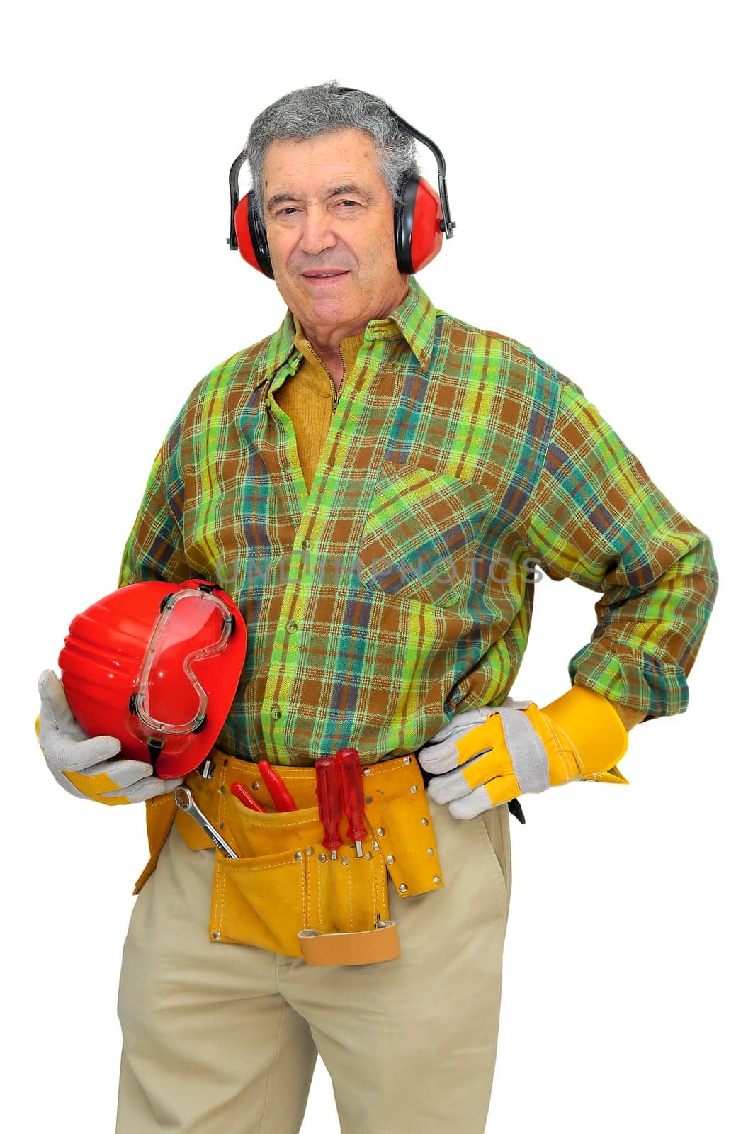Mature construction worker isolated in white