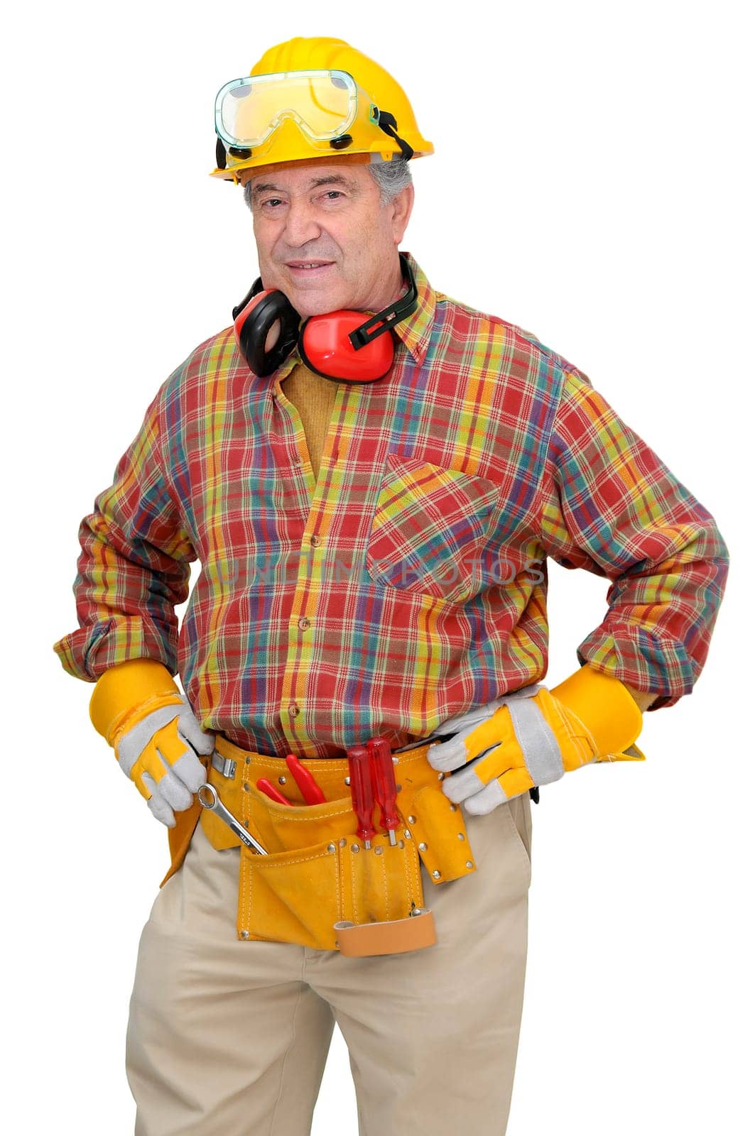 Mature construction worker isolated in white
