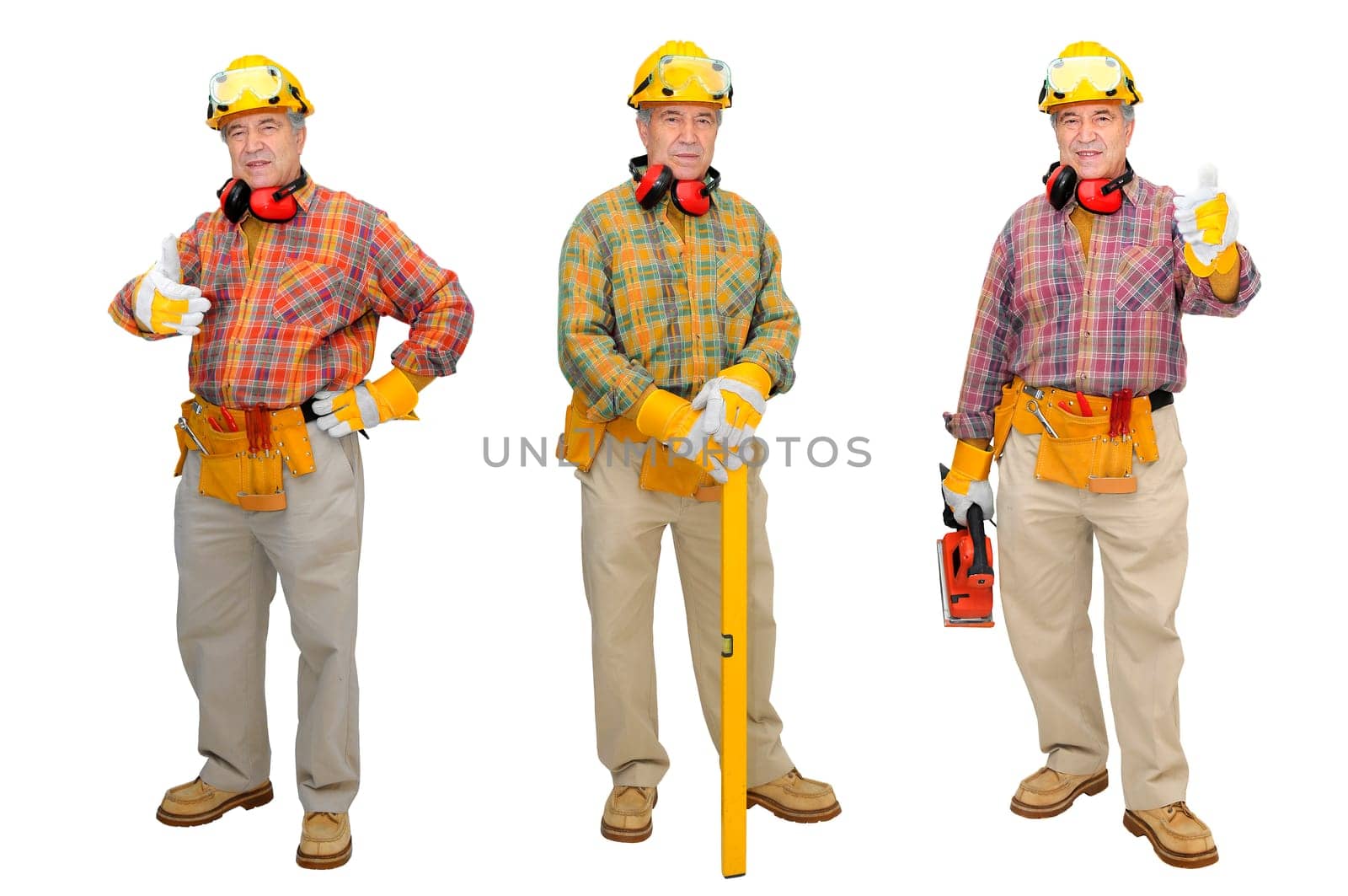 Mature construction worker in several positions isolated in white