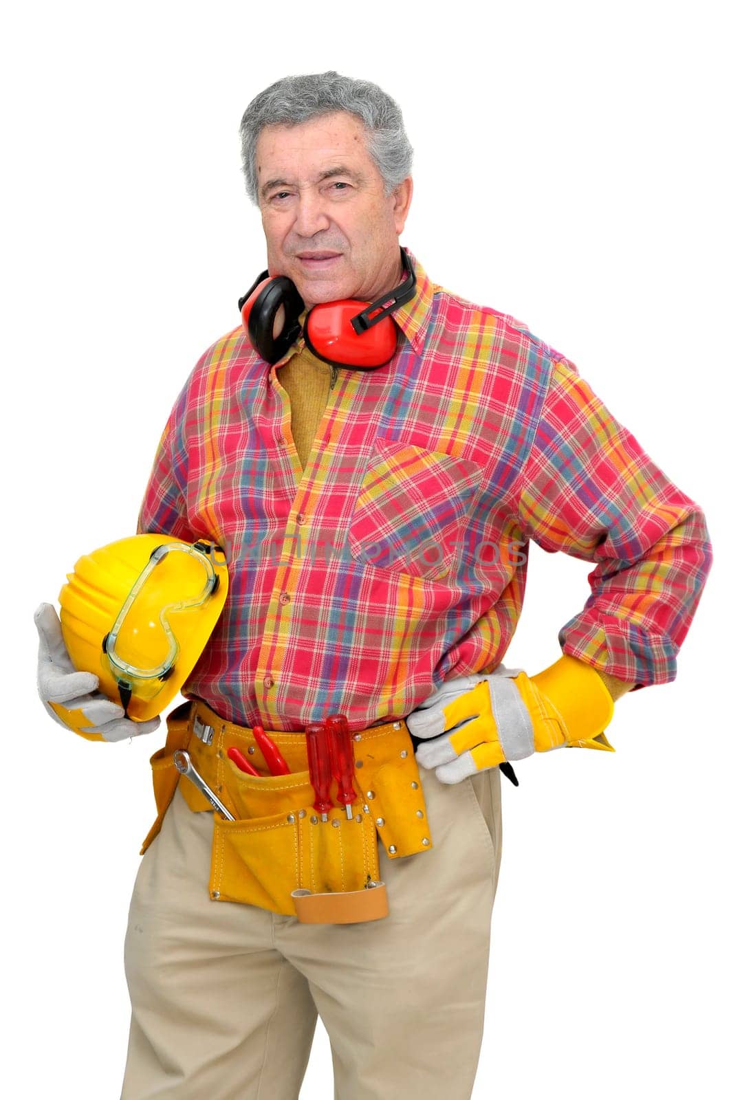 Mature construction worker isolated in white