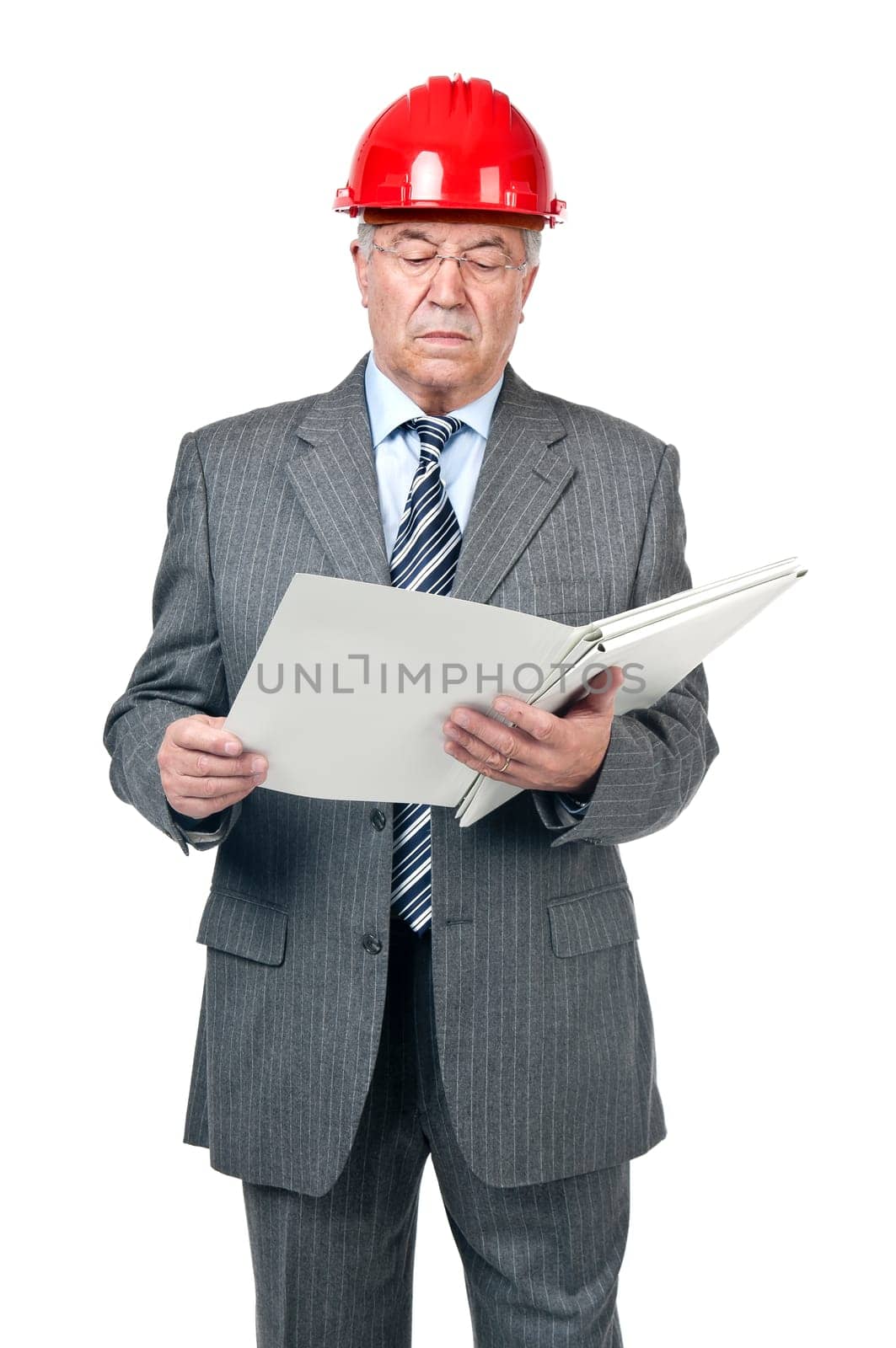 Senior engineer with helmet and file isolated in white