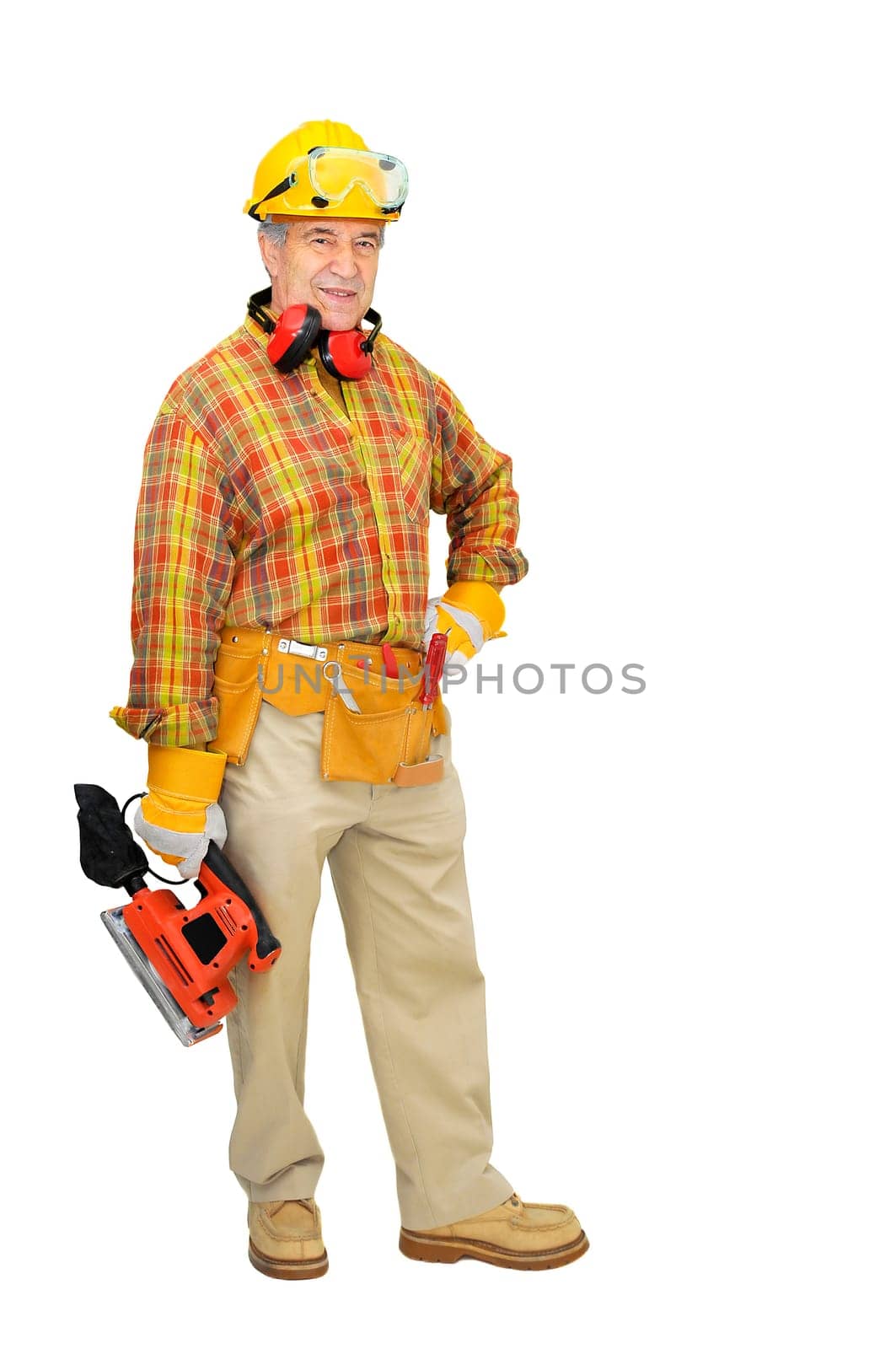 Mature construction worker isolated in white