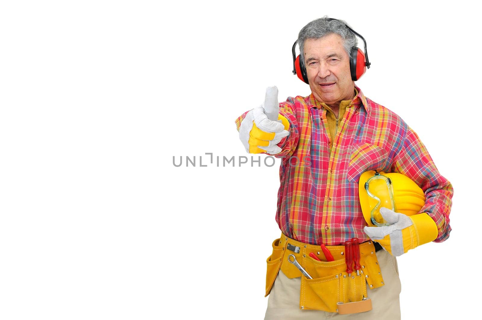 Mature construction worker isolated in white