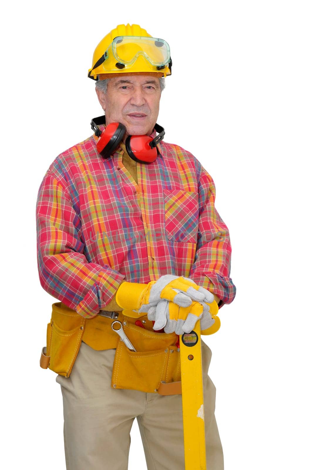 Mature construction worker isolated in white