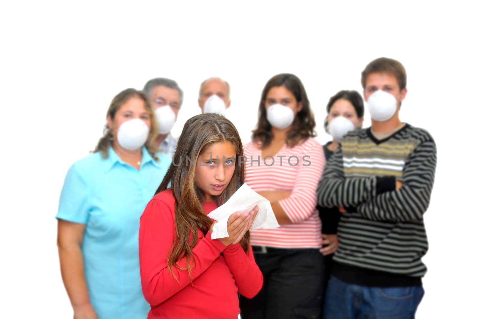 Big group of people with masks and one isolated sick child with the flu