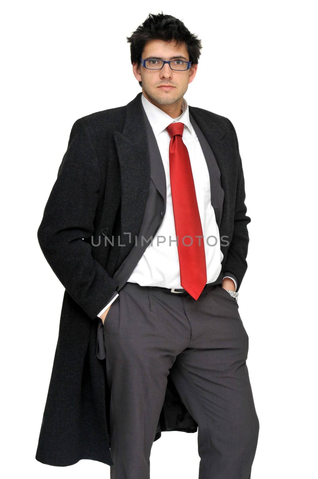 Young businessman posing with greatcoat isolated in white