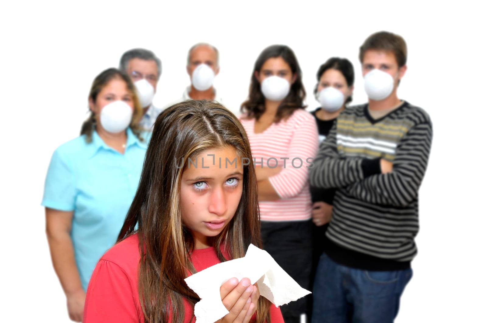 Big group of people with masks and one isolated sick child with the flu